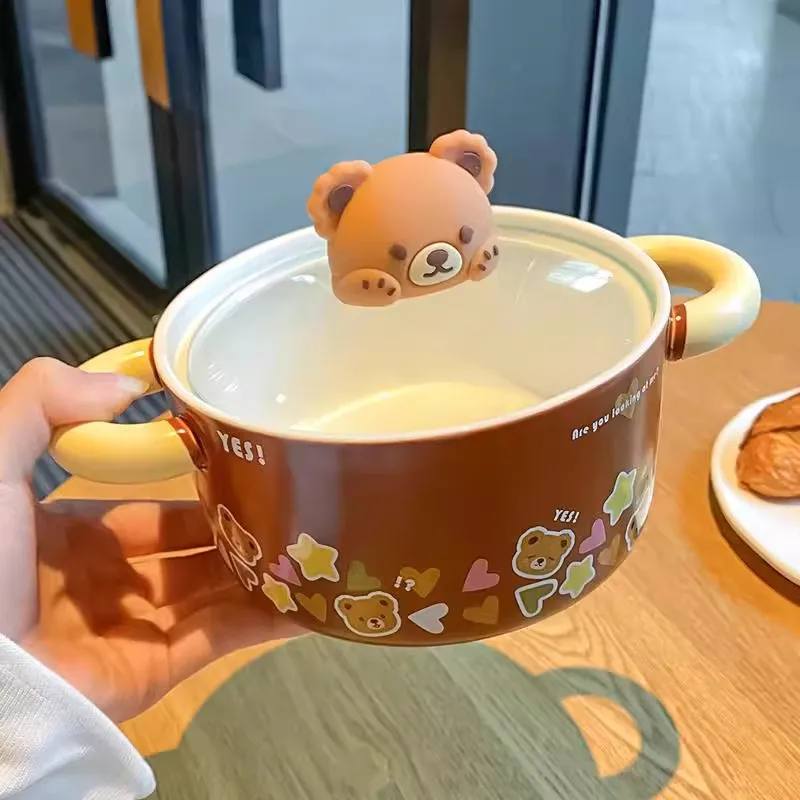 Kawaii Bear Jumbo Ramen Bowl With Lid Kitchen Tableware Cute Japanese Ceramics Instant Noodles Fruit Salad Soup Bowl Gift 750ml