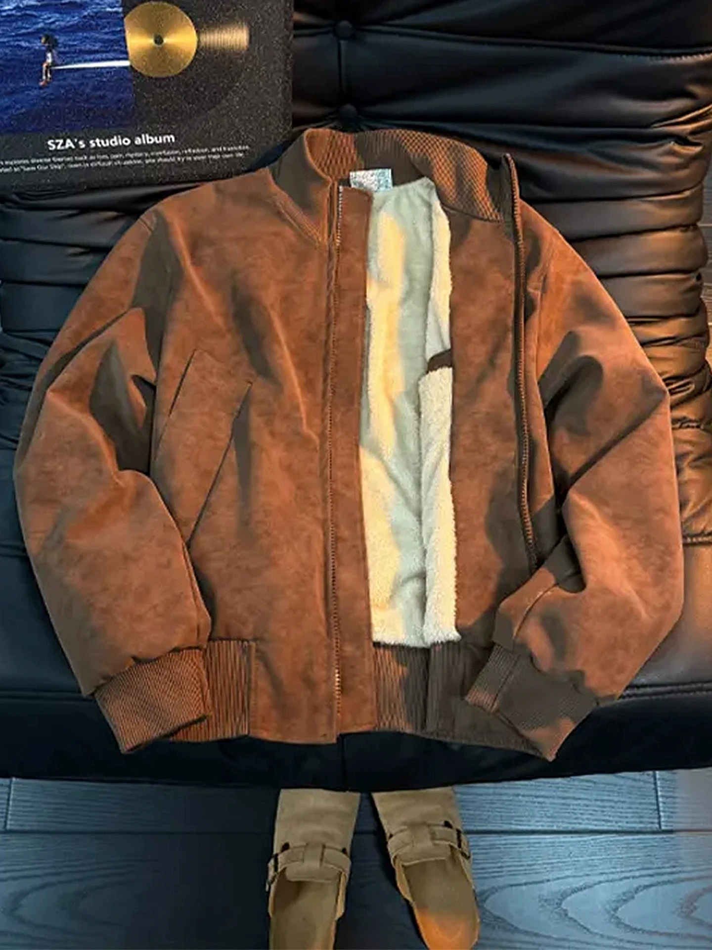

American Style Dyeing PU Leather Jacket Cotton Jacket Men Winter Thickened Flocking Short Style Flight Jacket Zipper Closure