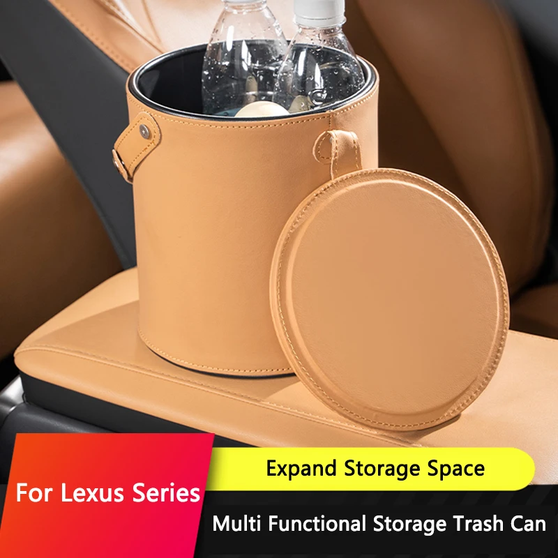 QHCP Car Trash Can Bin Storage Box Organizer Barrel Leather Stainless Steel Built-in Multifunctional For Lexus Series  ES RX NX