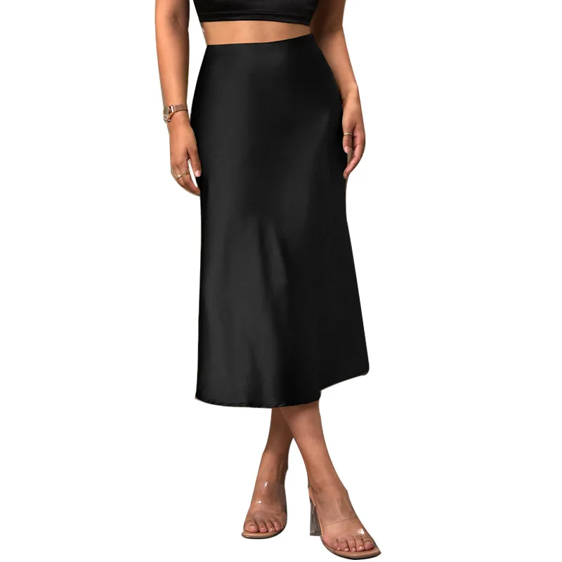 European and American satin midi skirt 2025 Autumn elegant style polyester A-line skirt
