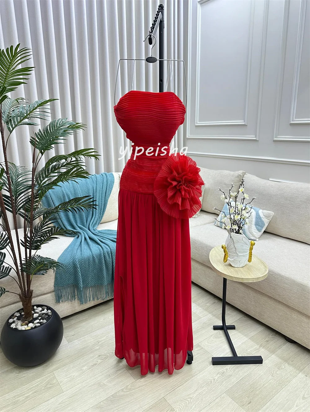 Vestidos largos sin tirantes rectos plisados de flores hechos a mano de gasa clásicos personalizados de alta calidad vestidos para ocasiones a medida elegantes