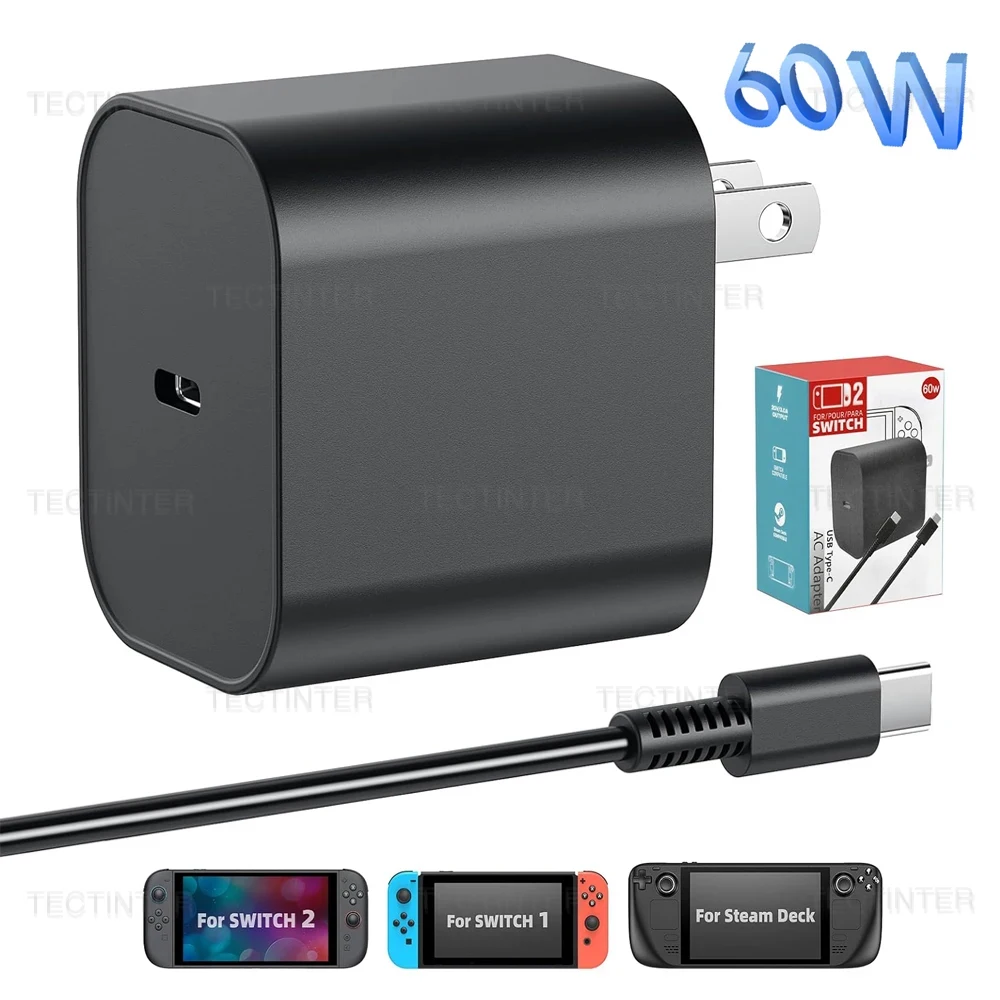 Para Nintendo Switch 2 60W Adaptador de CA Tipo C Cargador rápido Fuente de alimentación Soporte Modo TV Cargador de pared para Switch 2 Accesorios