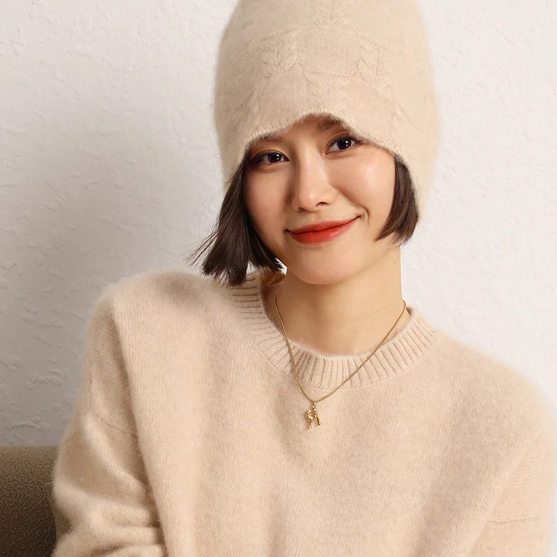 2022 Autumn Winter New Women Hats 100% Pure Cashmere Knitted Headgears Soft Warm Fashion Thick Cap 3 Colors High Quanlity