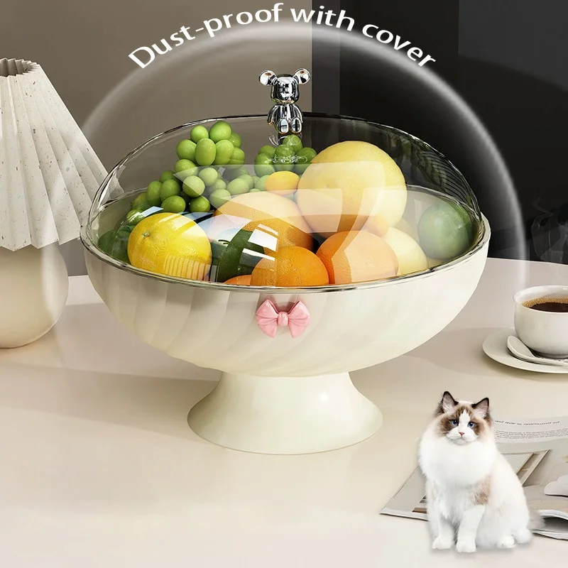 

1Pc Snacks and Candy Tray Drain with Lid Fruit Tray Home Living Room Coffee Table Dust Proof Fruit Tray Bow Shaped Fruit Basket