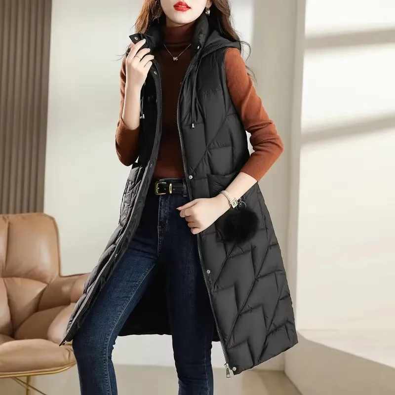 2024 New Women Winter Long Down Cotton Vest Jacket Sleeveless Hooded High-Quality Thick Warm Parkas Female Waistcoat Outwear