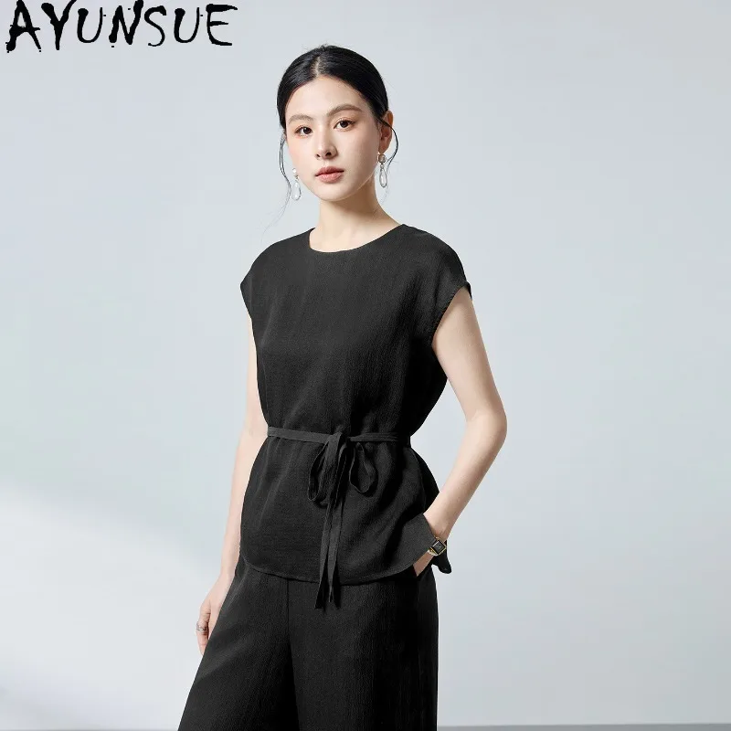 AYUNSUE Xiangyunsha Silk Woman Tops Fashion O-neck Black Top Femme Versatile Commuting Summer Tops Woman Clothes топ женский