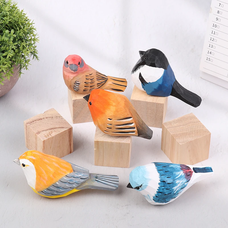 Wooden Bird Figurine Ornaments Handmade Carving Animal Miniature Art Desktop Decoration Children Gifts Home Garden Crafts