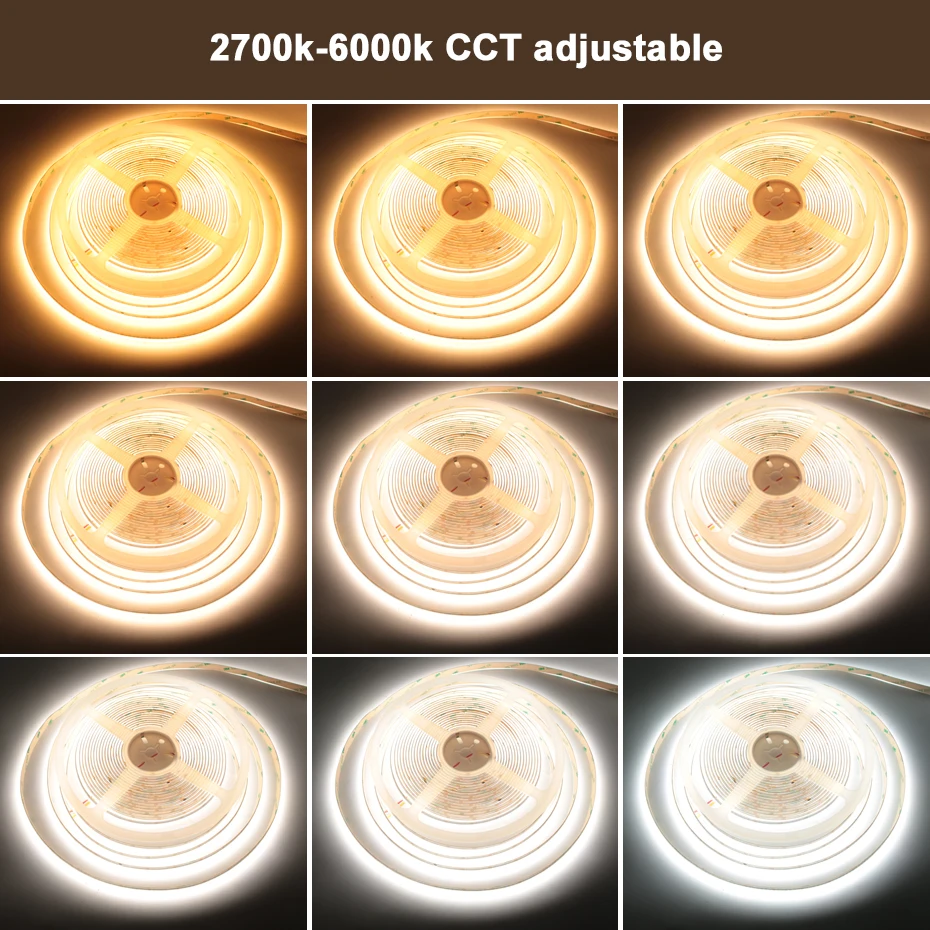 Ccct cob-ストリップライト560LEDs/m,フレキシブル,高密度,DC24V 2700k〜6000k,寝室用調光可能リボン