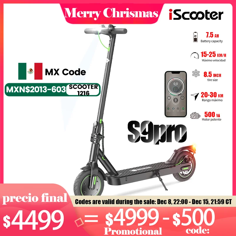 Iscooter S9Pro black adult electric scooter folding LED lighting LCD display 500W 30 Km/h 7,8 Ah 36V