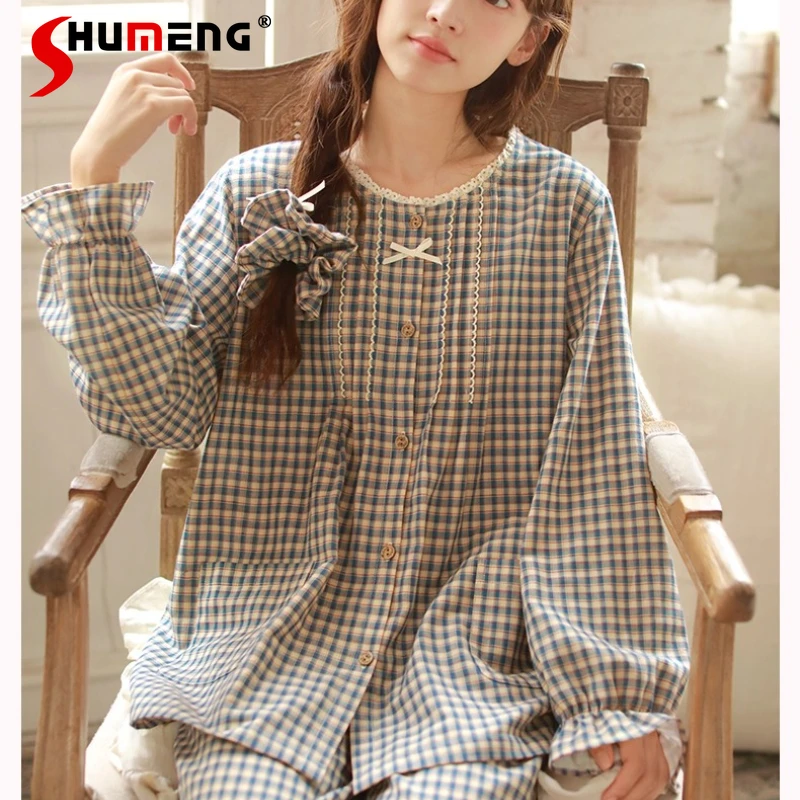 الخريف القطن الخالص الشاش منامة للنساء طويلة الأكمام الحلو منقوشة جميع القطن مجموعة الإناث عارضة يمكن ارتداؤها Homewear الدعاوى #5