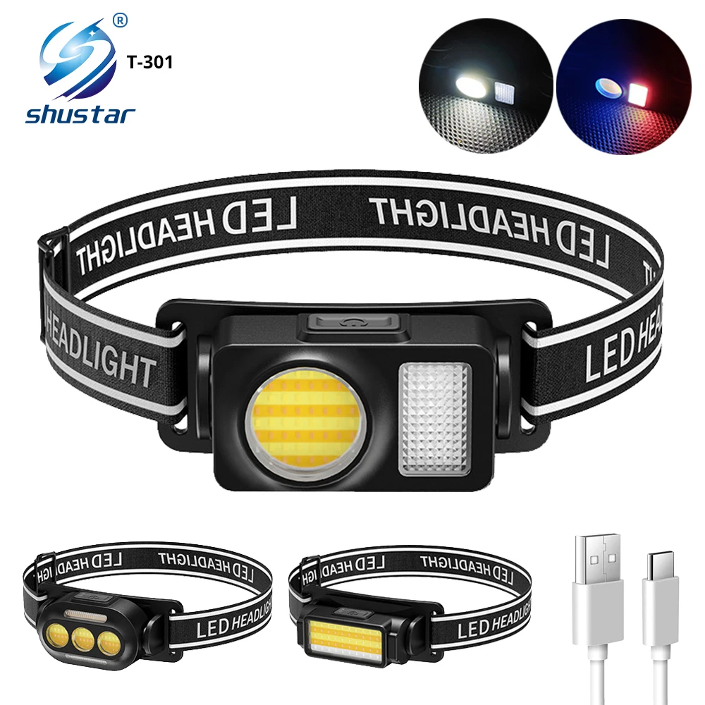 USB Rechargeable LED Headlamp COB Camping Fishing Headlight 3 Light Source Mini Lantern Waterproof Warning Light Flashlight