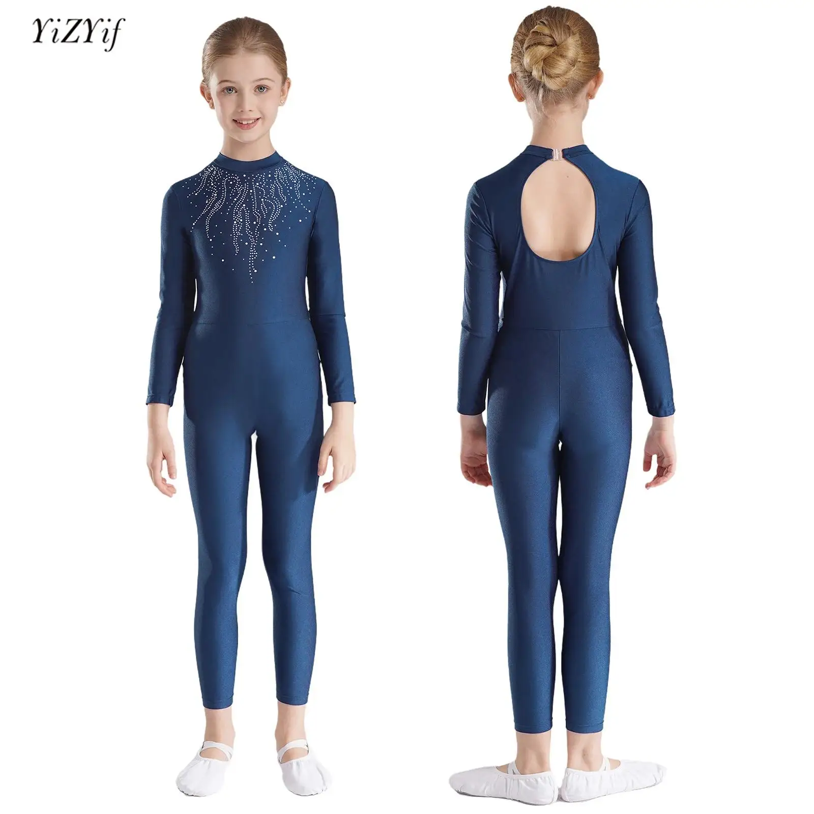 

Kids Girls Gymnastics Jumpsuit Figure Ice Skating Unitard Glittery Rhinestones Long Sleeve Keyhole Back Dance Leotards Dancewear