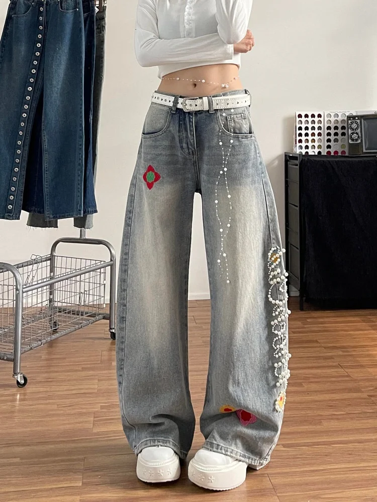 

American Washed 3D Pearl Wide Leg Denim Jeans Women's Loose Slimming Knife Pants High Waist Spring New Style plus Size