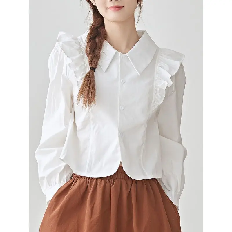 قميص قصير بحافة أوراق اللوتس، متعدد الاستخدامات لمزاج المرأة، مقاس نحيف وتنحيف، أكمام فقاعية، بلوزة حلوة #3