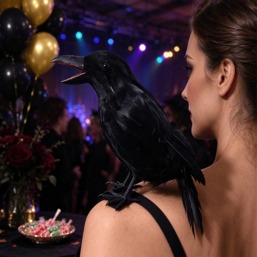Halloween Black Crow Shoulder Prop with Strap Role Playing Party Costume Accessories Realistic Feather Crow Decoration