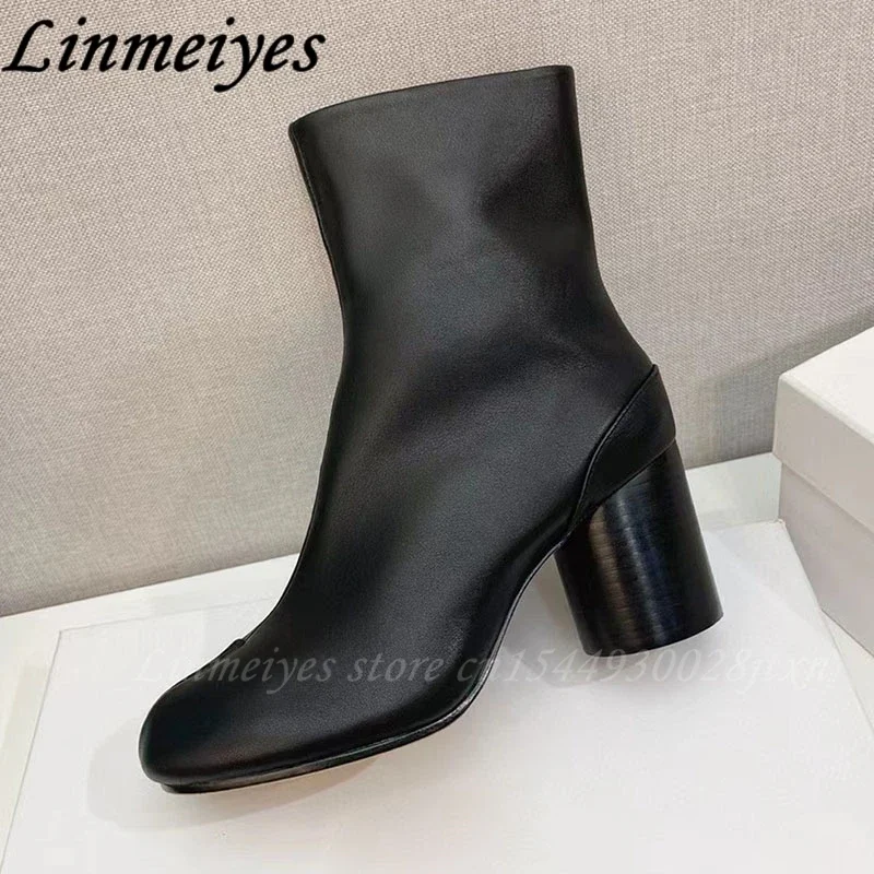 New Split Toe Boots Woman Comfy Low-heel Ankle Boots Classic Genuine Leather Punk Style Chelsea Boots Women 2023