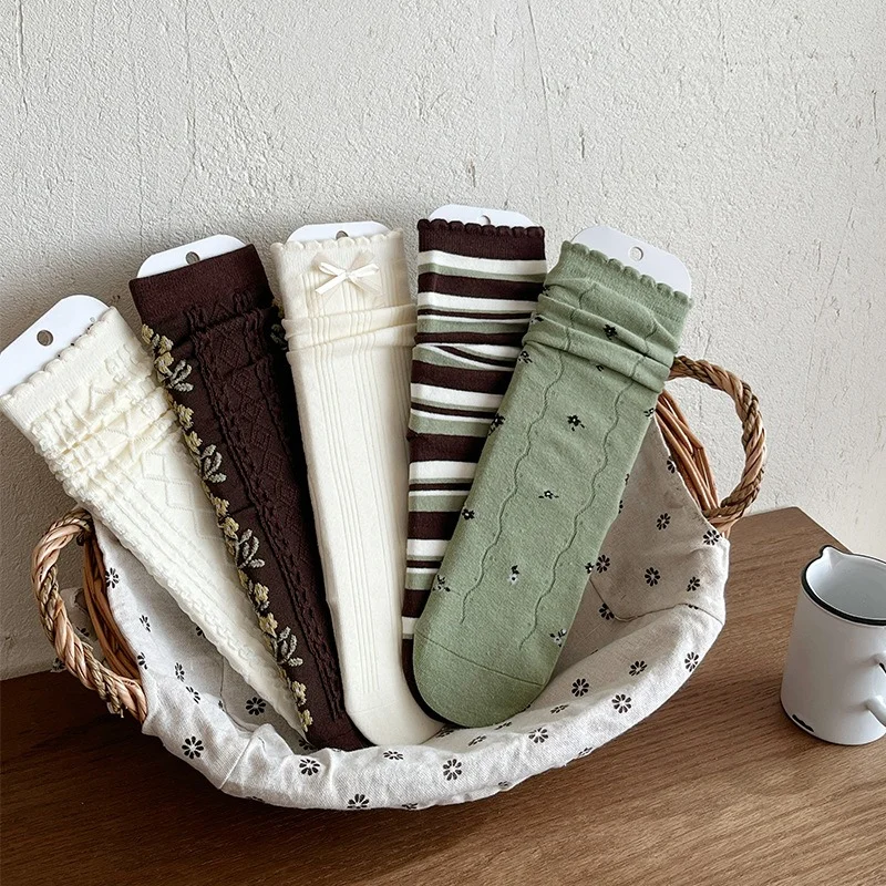 1 3 5 Pairs Womens Seamless Slouch Socks Retro Japanese Style Cotton Crew Socks Brown Little Flower Stripe Bowknot