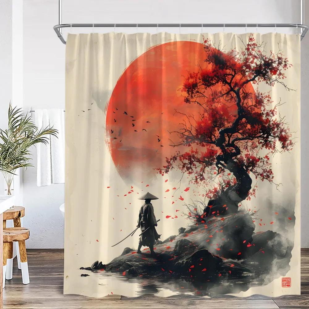 Japanese Warrior Samurai Shower Curtain Japan Shrine Red Full Moon Cherry Blossom Bathtub Decor Polyester Bath Curtain with Hook