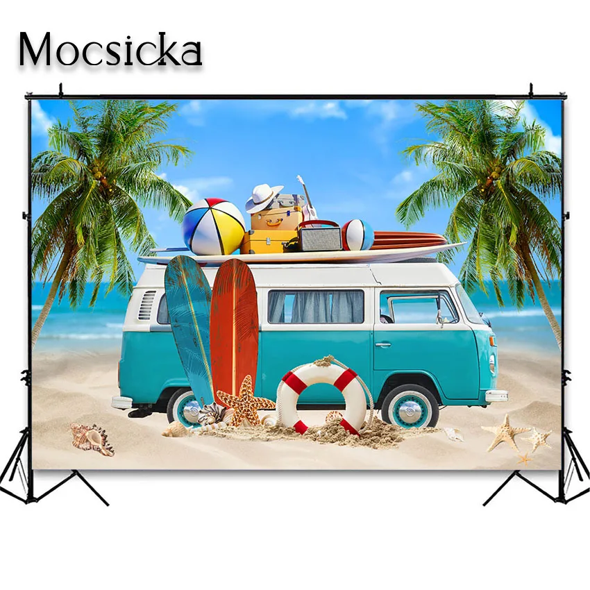 Mocsicka ฤดูร้อนกระดานโต้คลื่นชายหาดฉากหลังปาร์ตี้ทรอปิคอลฮาวายริมทะเล surfs ขึ้นพื้นหลังการถ่ายภาพซัมเมอร์บีชตกแต่ง