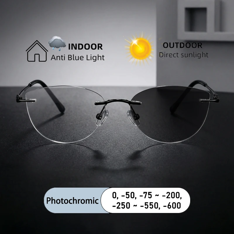 Fashion Cat Eye Small Frameless Short Sight Astigmatism Glasses Custom Prescription Photochromic Anti Blue Light Men Eyewear