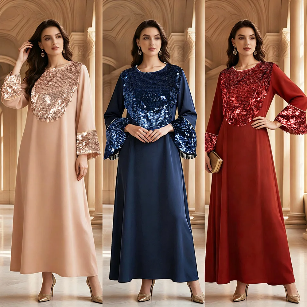 

Morocco Party Dress Vestidos Largo Robe Jalabiya Dubai Saudi Sequin Round Neck Elegant Abaya Muslim Women Eid Ramadan Kaftan