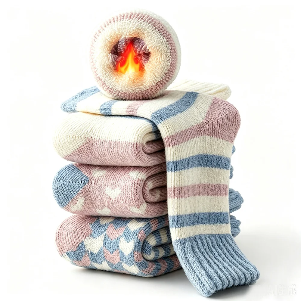 Women Winter Warm Socks 4 Pair Soft Thick Thermal Wool Cute Heart Wave Stripe Print  Ladies Casual Home Socks For Cold Weather