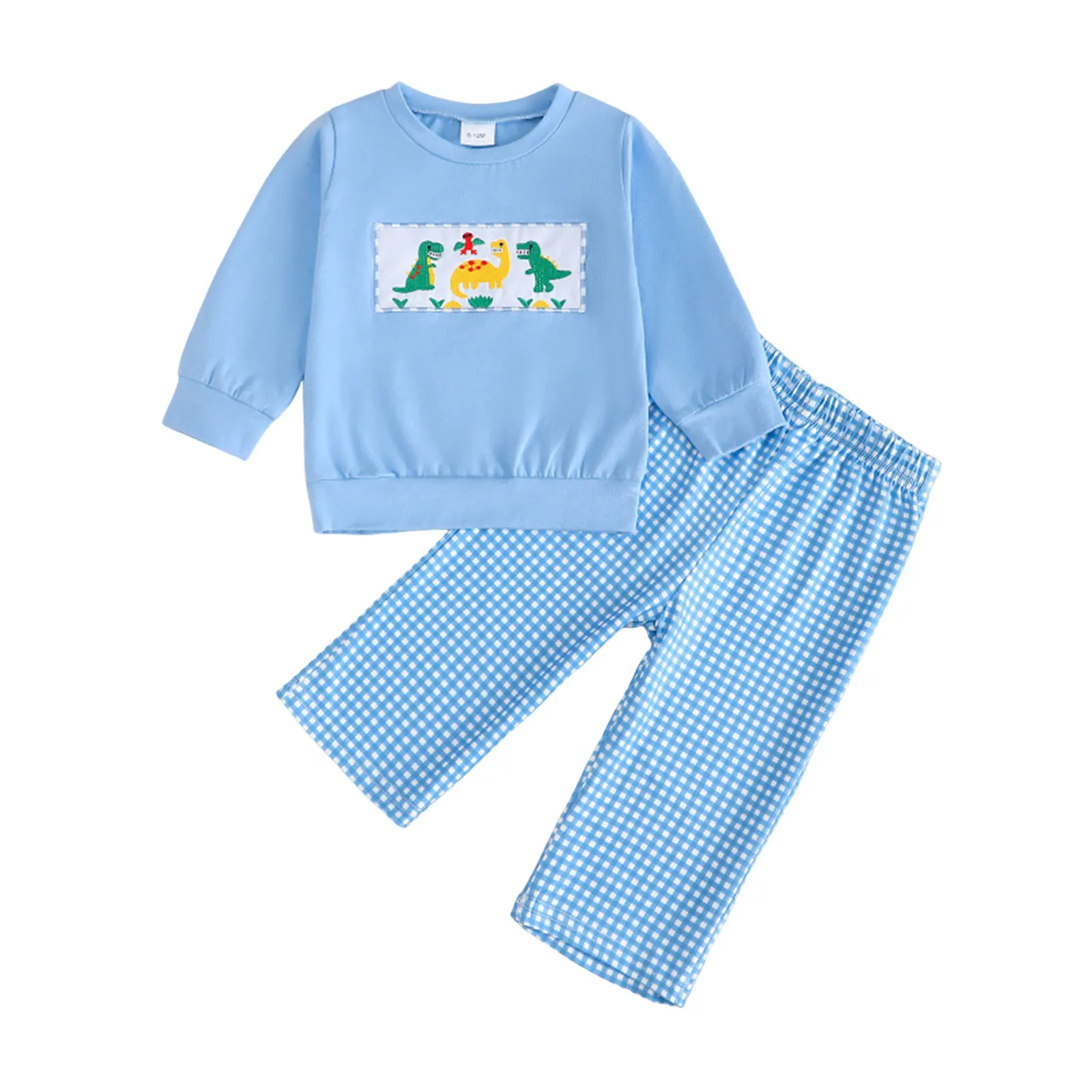 

Mismatch Day Outfits 2025 Boys Long Sleeved Dinosaur Embroidered Top Checkered Pants Babys Casual Two 5t Boys Winter Clothes