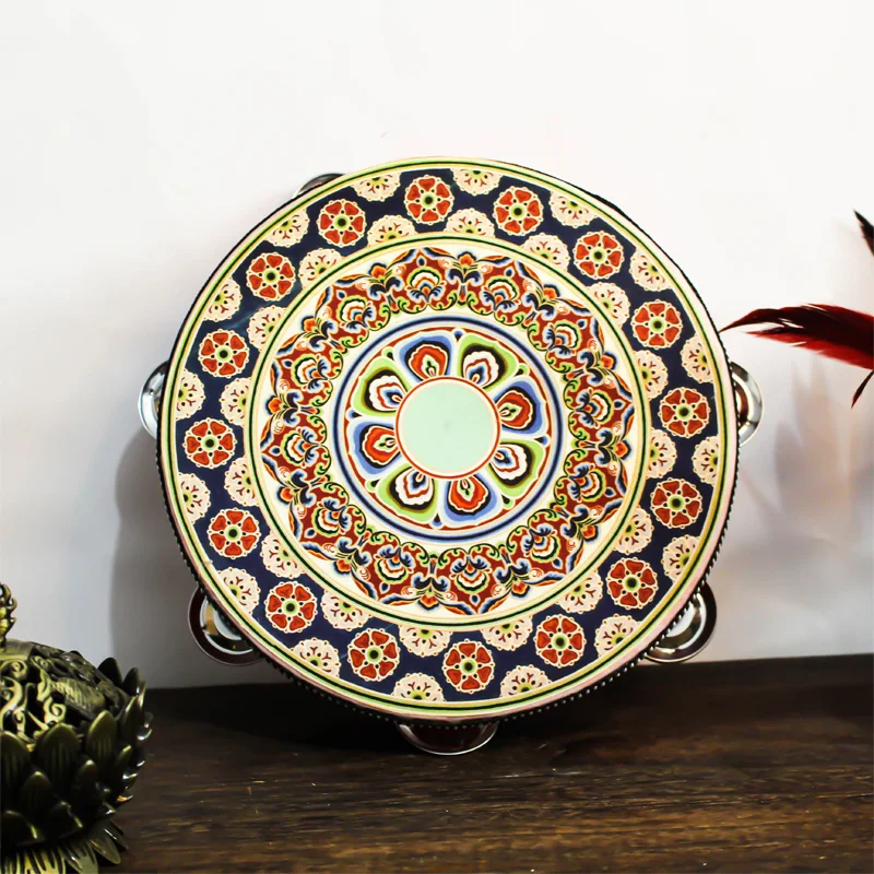 Moroccan Printed Tambourine Handbell Hand Drum Colourful Wooden Tambourine for Dance Concerts Pro Percussion Instrument Parts