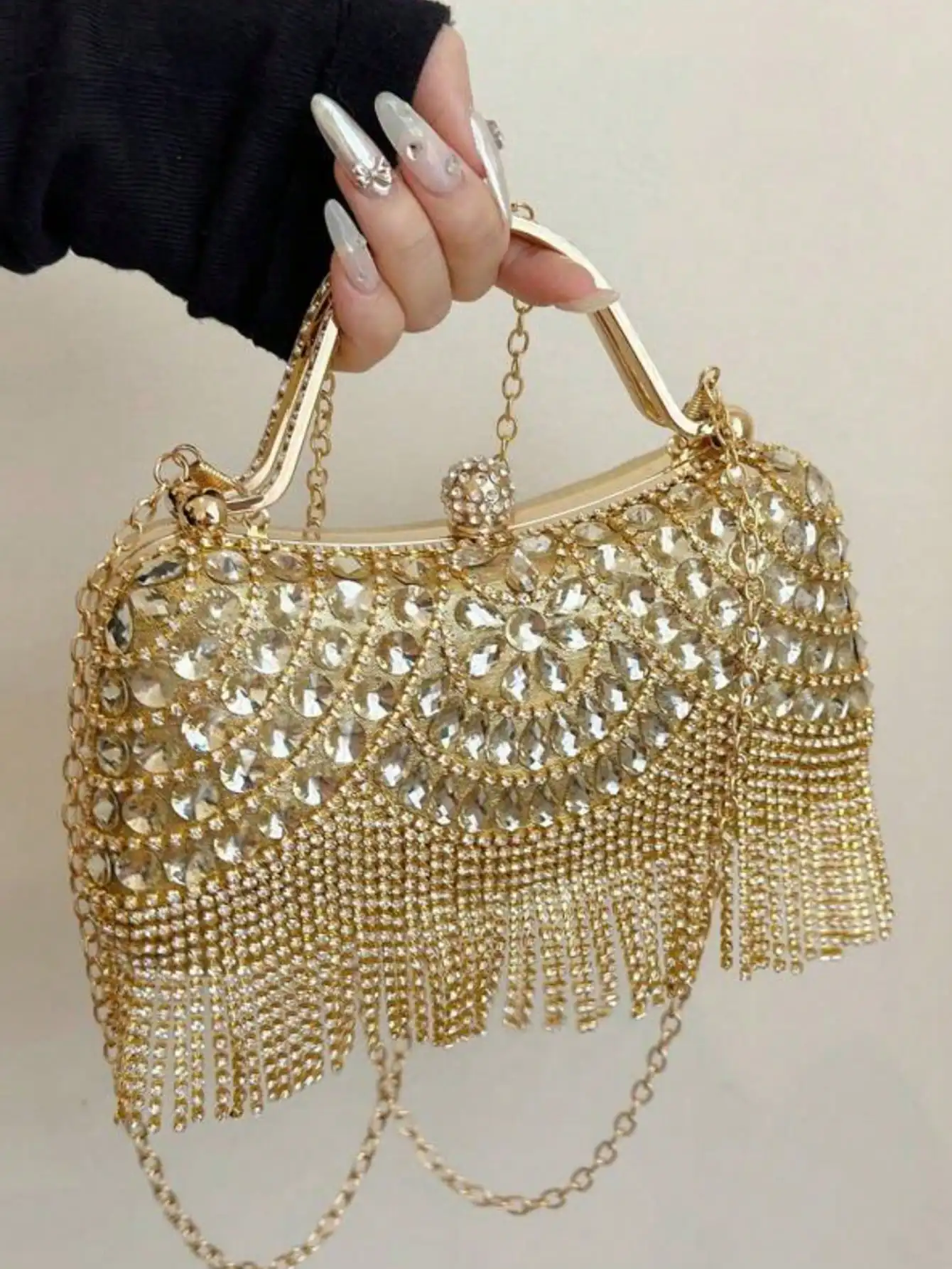 

Rhinestone Tassel Evening Clutch - Detachable Chain, Elegant for Wedding, Prom & Gifts