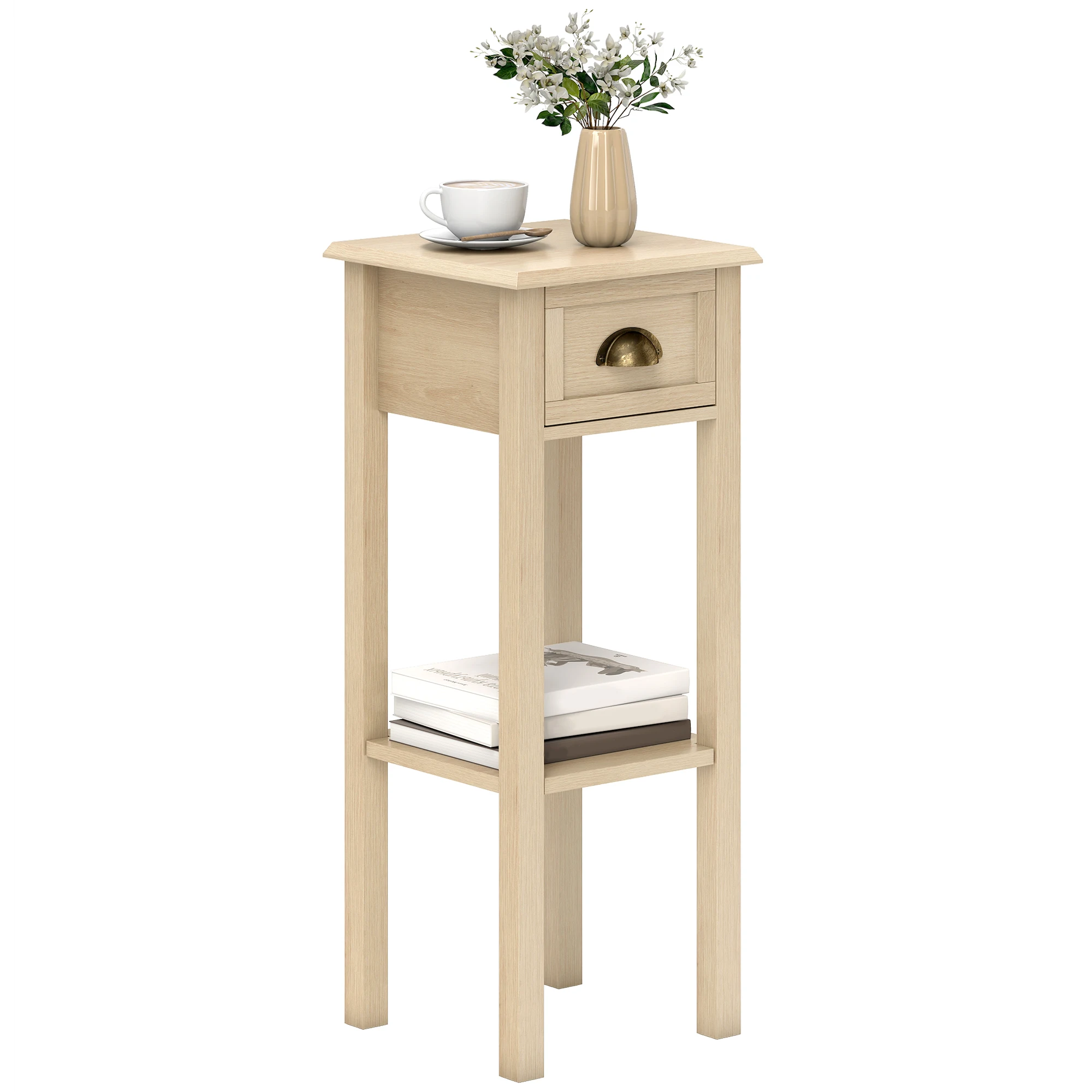 HOMCOM Mesa Auxiliar Rústica Mesa Auxiliar para Sofá con Cajón y Estante para Salón Dormitorio 30x30x75 cm Madera Natural