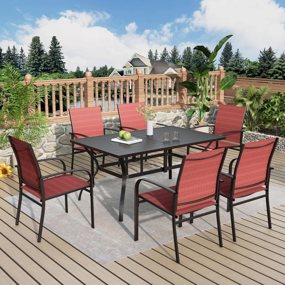 

Patio Table and Chairs Set, Patio Dining Sets for 6 with Red Chairs and Metal Rectangular Table, 7-Piece Patio Furniture Set for