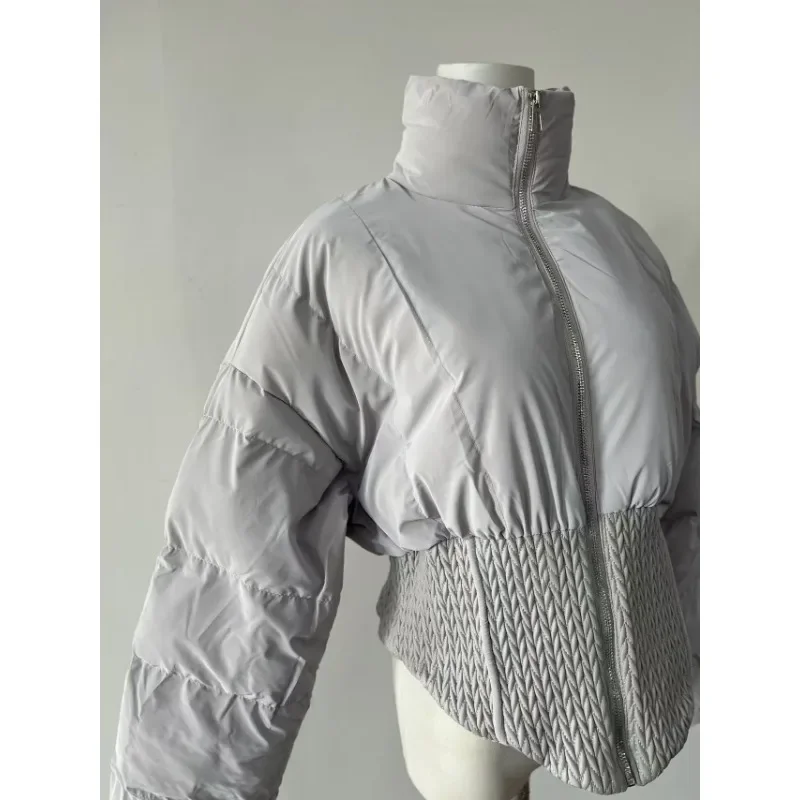 Cotton Jacket Women Diamond Grid Short Fashionable Standing Collar Withwaistband Bread Jacket Sweet and Minimalist College Style