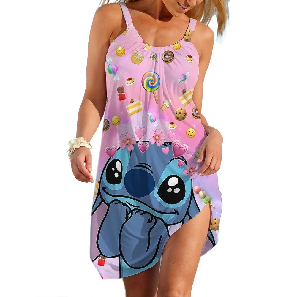 

Новое летнее женское модное платье на бретельках Disney Stitch для девочек, женская сексуальная свободная пляжная одежда на берегу моря, крутое платье без рукавов, быстросохнущее