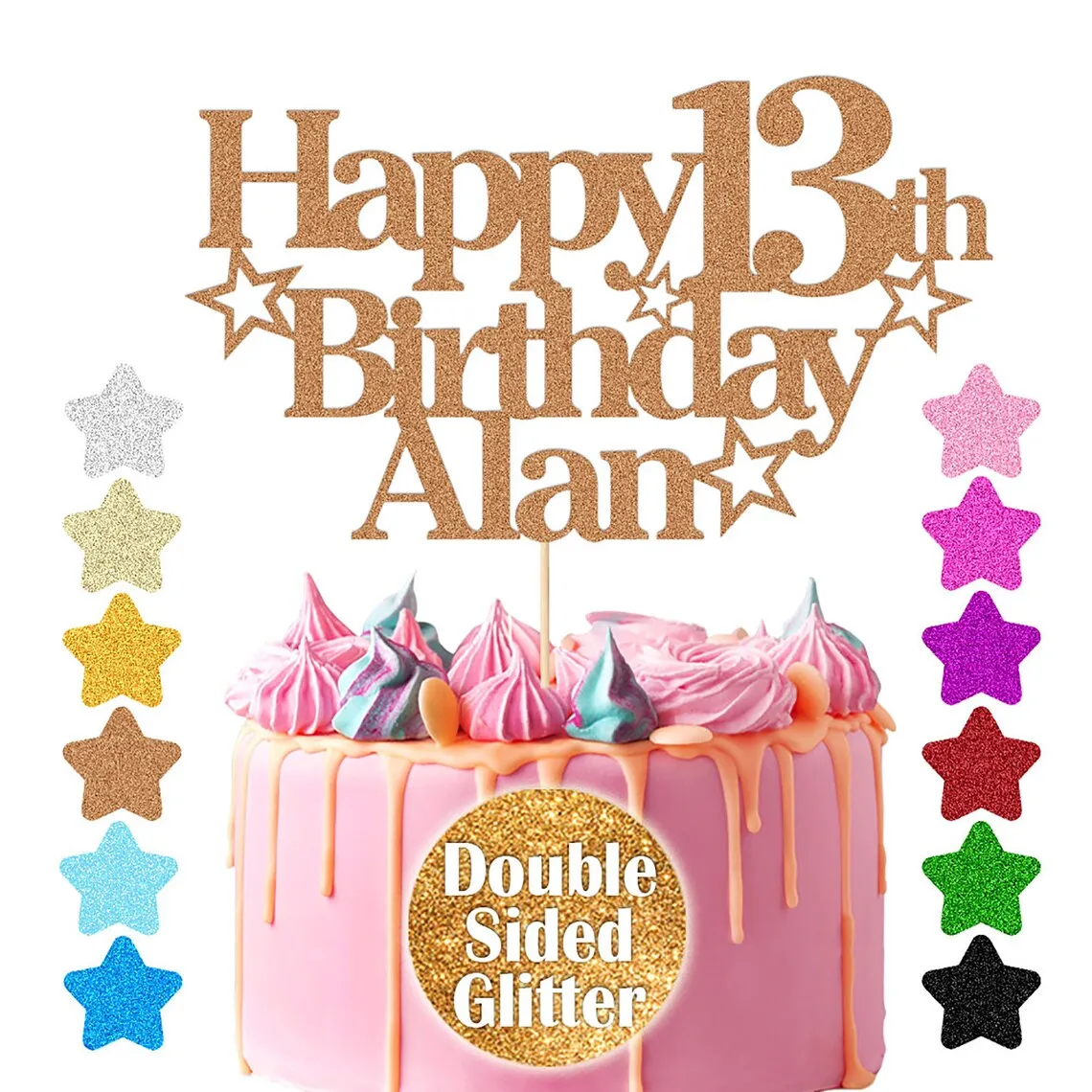 Personalised Name and Age Happy Birthday Cake Topper. 18th, 21st, 30th, 40th, 50th, 60th Cake Topper. Double Sided Glitter | 12