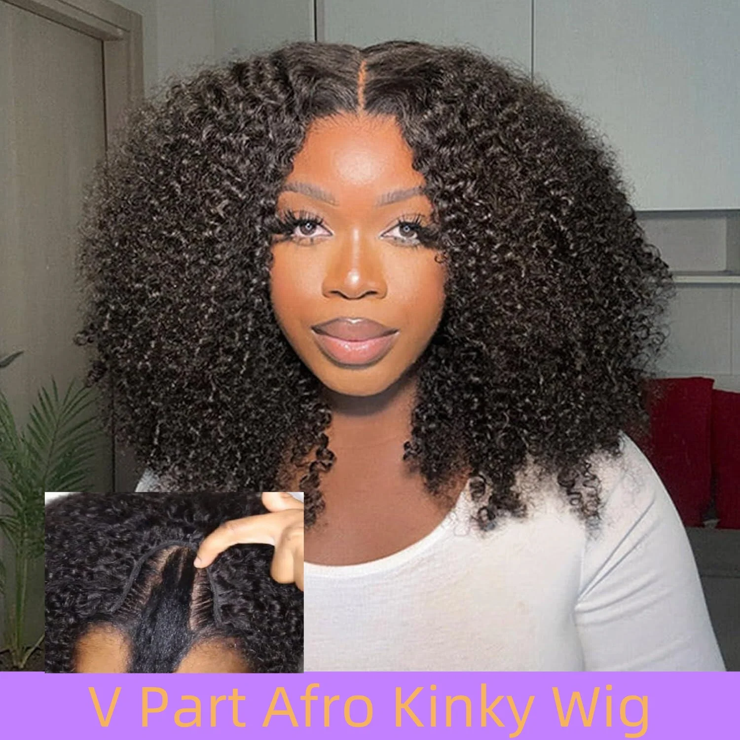 V Part Afro Kinky Curly Wigs Peruvian Hair 180 Density Minimal Leave Out V Part Curly Human Hair Wigs Machine Made for Women