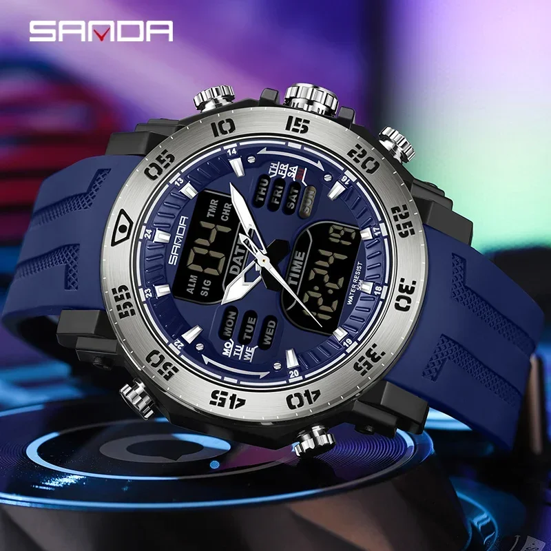 Sanda militar esporte ao ar livre relógio de exibição dupla grande mostrador 50m à prova dwaterproof água relógio quartzo multifuncional led relógios digitais para homem
