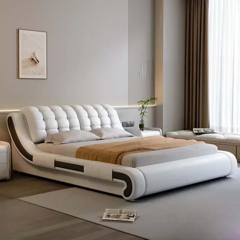 Nordic Modern Double Bed Frame White Princess Pretty Light Luxury Leather Bed Comferter Villa Matrimonial Bedroom Furniture