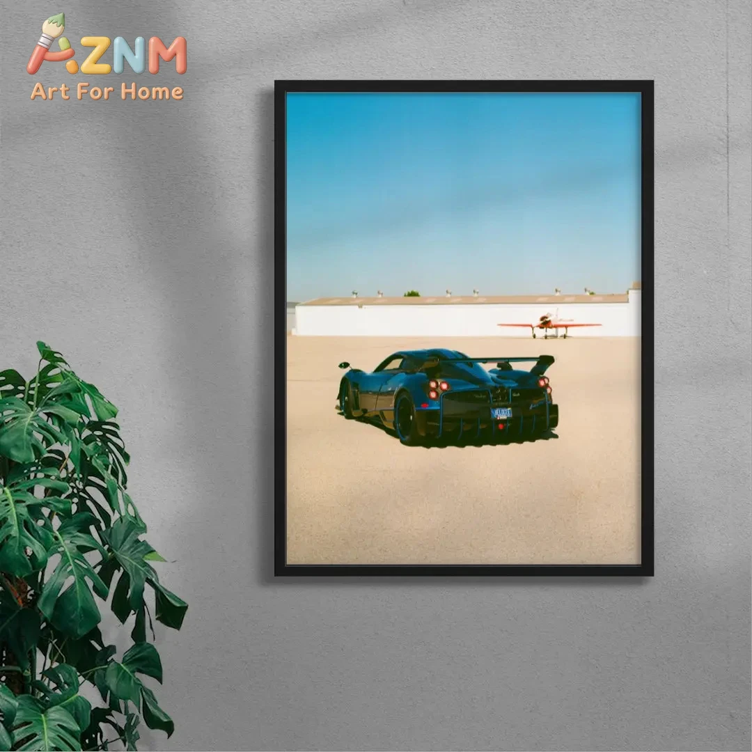 

Framed Wall Art of Blue Pagani Hypercar with Airfield Scene - Luxury Supercar Print for Garage & Home Decor