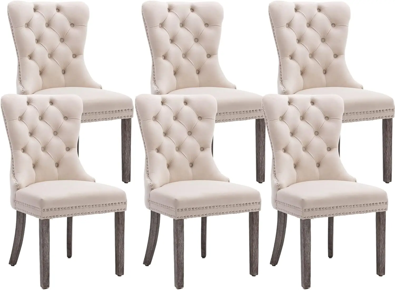 

KCC Velvet Dining Chairs Set of 6, Upholstered High-end Tufted Dining Room Chair with Nailhead Back Ring Pull Trim Solid Wood