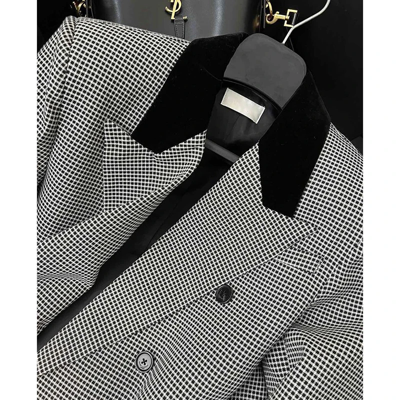 Fried Street Blazer Women's Tops 2025 Spring Autumn New French Plaid Double-Breasted Color-block Professional Suit Jacket
