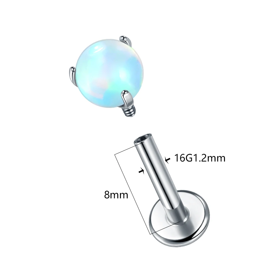 1PC Implant Grade Titanium Piercing Ear Cartilage Tragus Stud Earring Internal Thread Claw Set Opal Ball Top Labret Ring Jewelry