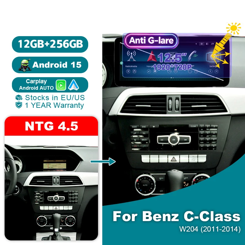 Wondefoo 12G 256G Android 15 Auto 1920*720P Touch Screen Car Radio Wireless Carplay Stereo For Mercedes Benz C Class W204 S204 NTG 4.5 2011-2014 Bluetooth Navigation GPS Autoradio Multimedia Player 2 DIN
