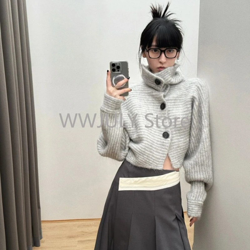 Y2K Gray Striped Women Sweater Vintage Turtleneck Korean Fashion Knit Cardigan Harajuku Button Autumn Loose Old Money 2024