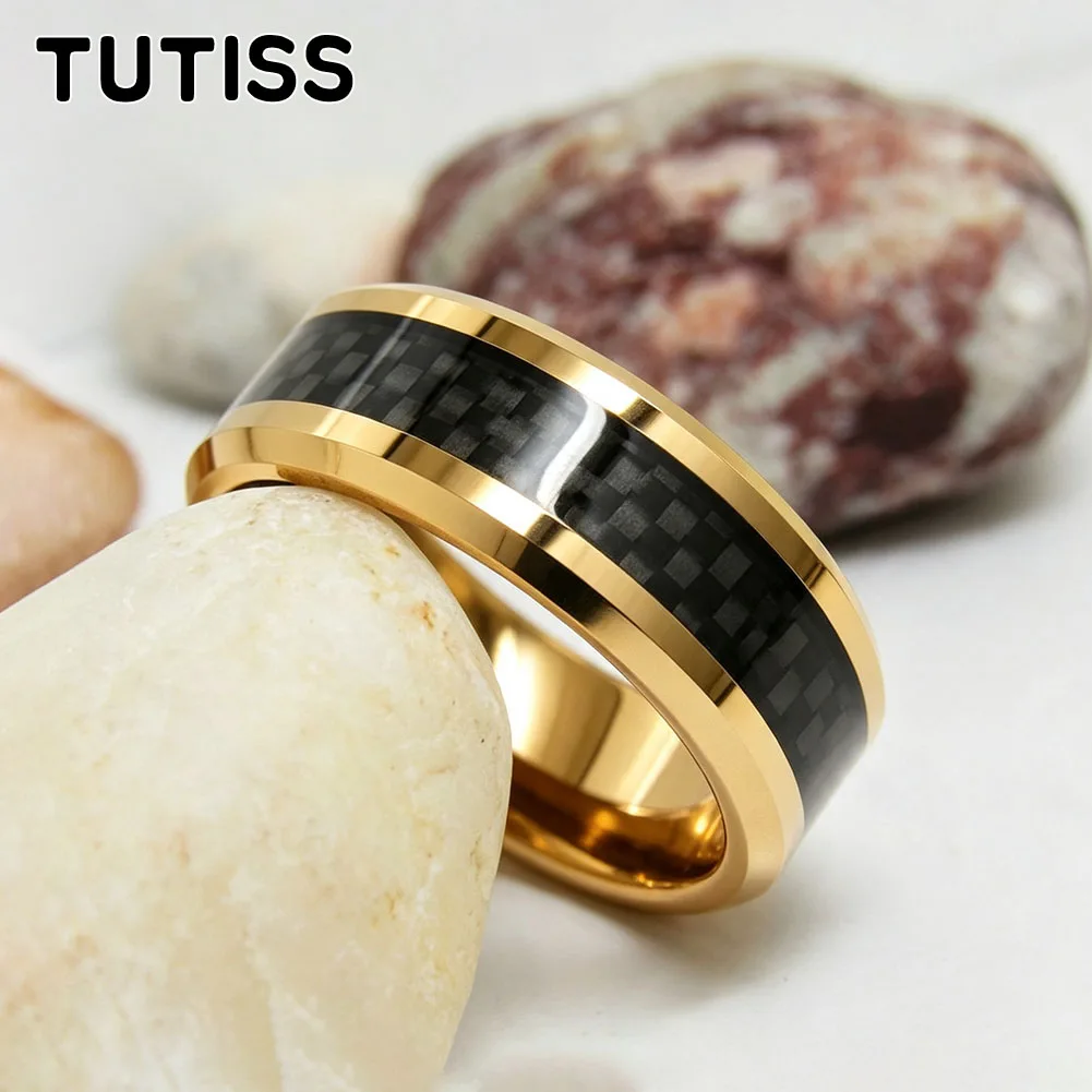Men 6/8mm Multicolor Tungsten Carbide Ring, Black Carbon Fiber Inlay Beveled Edge Polished Wedding Band Engagement Promise Ring view 3