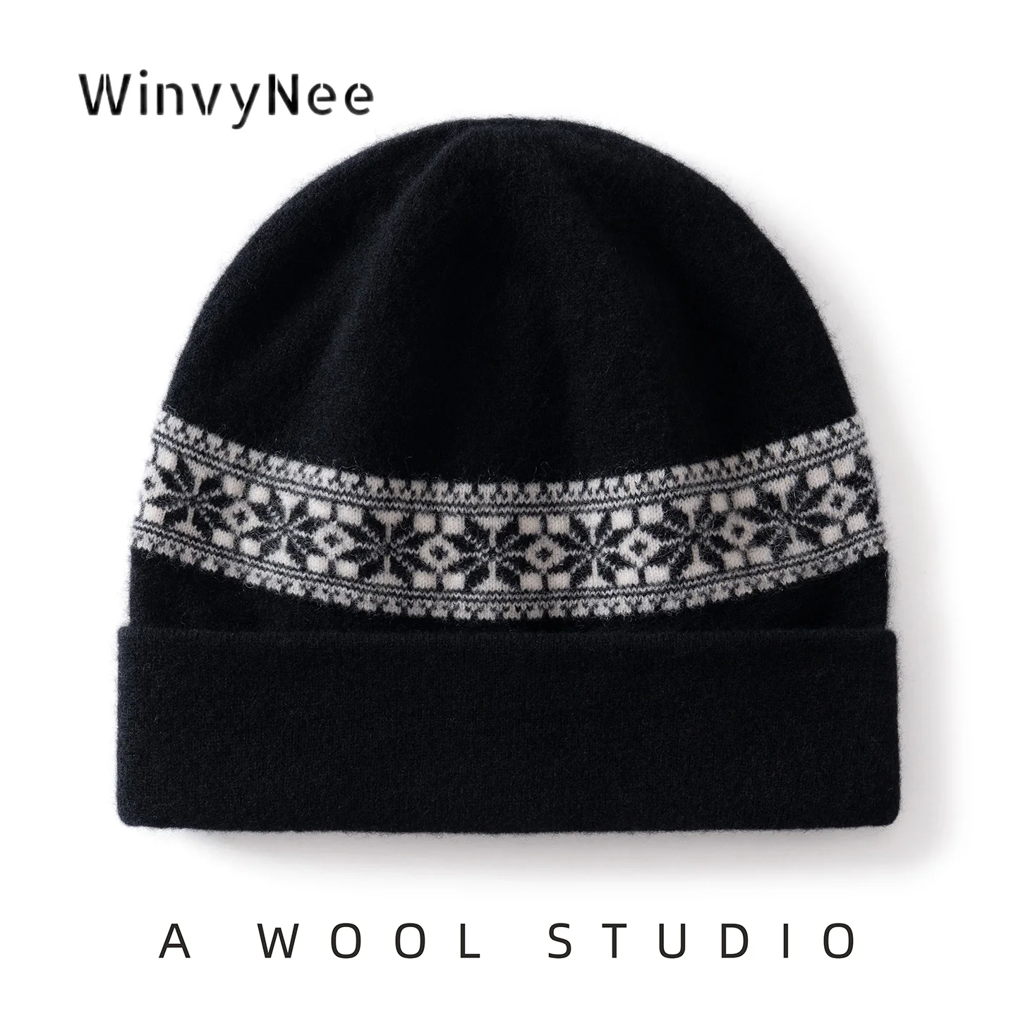 WinvyNee Women Pure Wool Thick Fair Isle Pattern Double Layer Knitted Hat Cozy Warm Trendy Soft Autumn Winter Daily ZI1883045