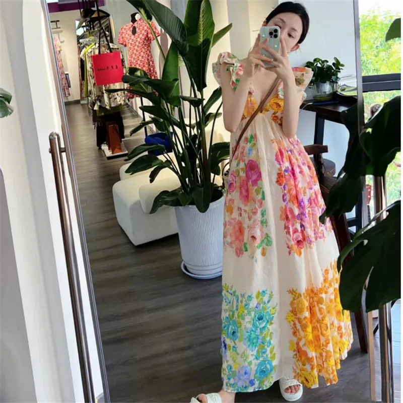 

Summer 2024 New Fashion Holiday Dress Ruffles Flying Sleeve Floral Print Boho Beach Party Dress V Neck Long Fairy Photo Skirt