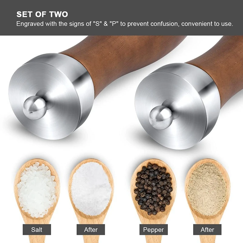 Salt And Pepper Grinder Set - Wooden Salt And Pepper Mill Shaker Easy Adjustable Refillable Salt And Pepper Grinders