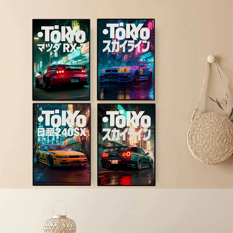 Vintage Tokyo JDM Car Poster Neon Japanese Street Racing Drift Auto Canvas Painting Wall Art for Garage Living Room Home Decor