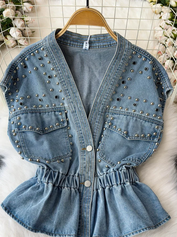 Hong Kong Style Denim Vest Women's Spring Sleeveless Shirt Waist Cinching High End Beaded Vest Commute Style Pure Color V-Neck