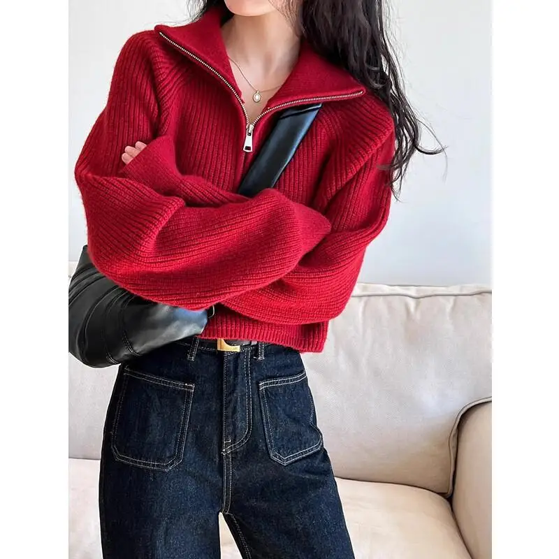 

Fashion Short Style Hot High Waisted Sweater Loose and Thick for Outerwear Design Sense: Half Neck Zipper Red Knitted Women Tops